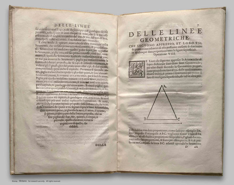 Разворот книги Галилео Галилея Le Operazioni del Compasso Geometrico et Militare. Венеция, 1606
