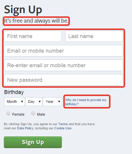 Форма регистрации Фейсбука